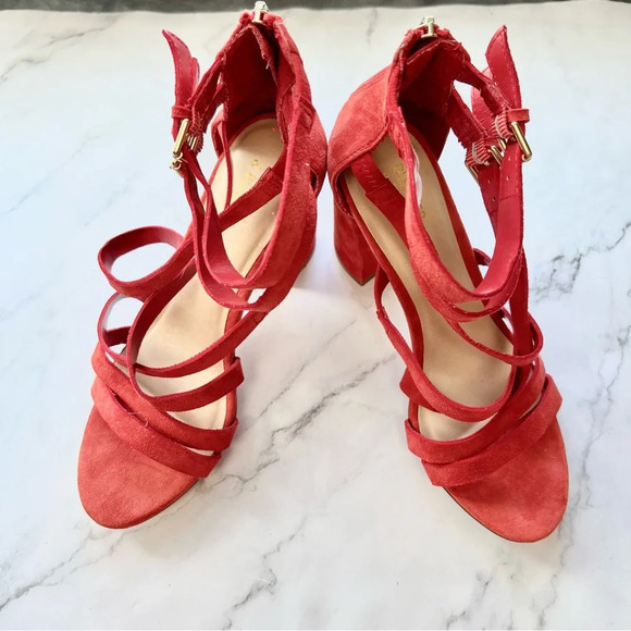 Bleecker & Bond Mindy Heels Womens Size 8 Cage Chunky Sandals Red Suede Strappy - Picture 12 of 12